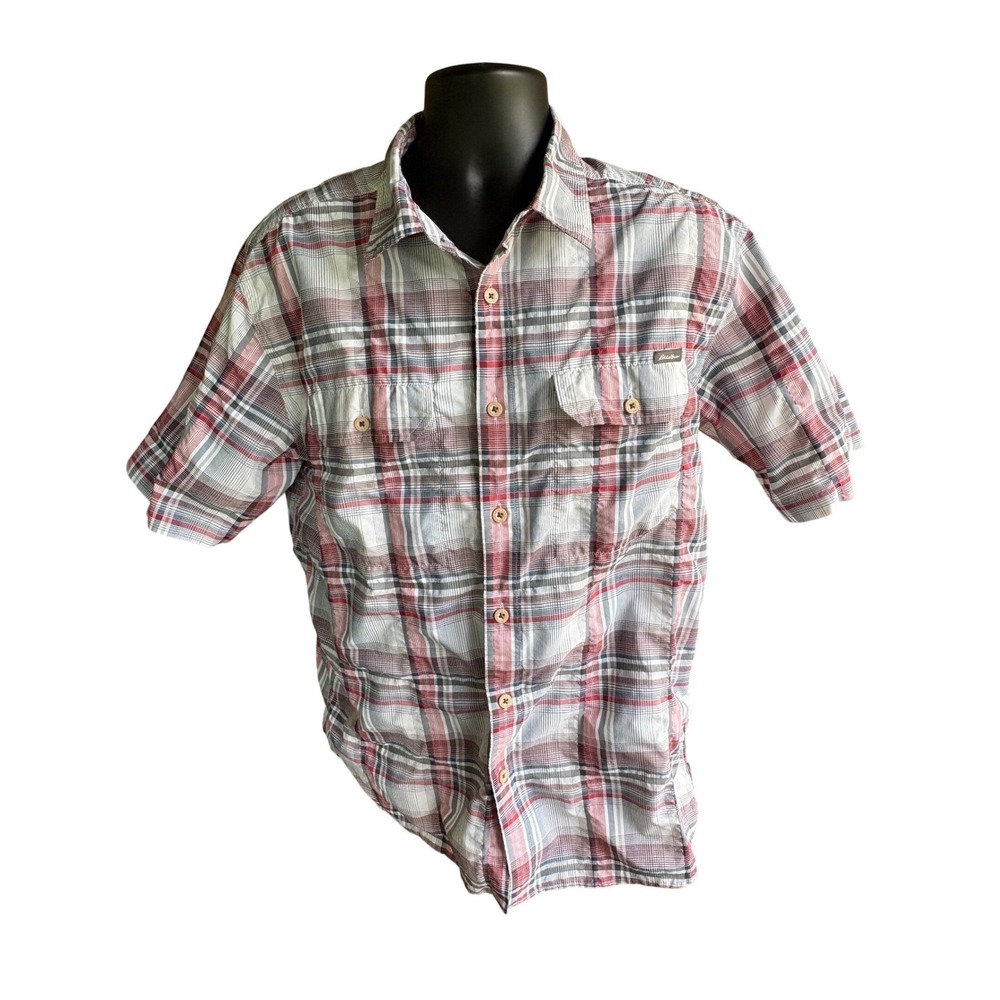 Eddie Bauer Mens Large Red Plaid Short Sleeve Button Down Shirt Mesh Back Hiking